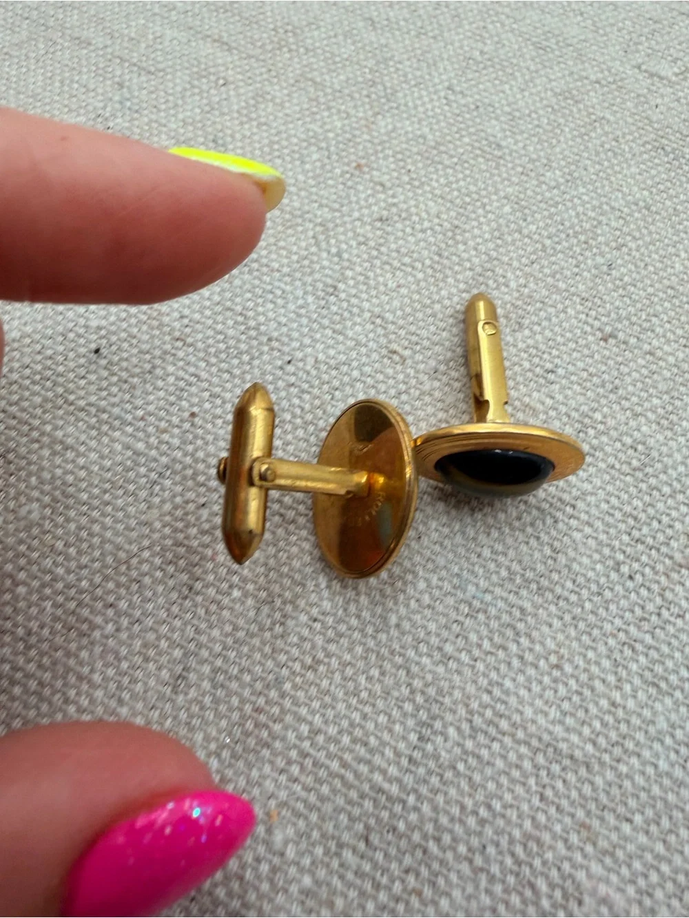 Gold-Tone Cufflinks with Black and Brown Oval Inset